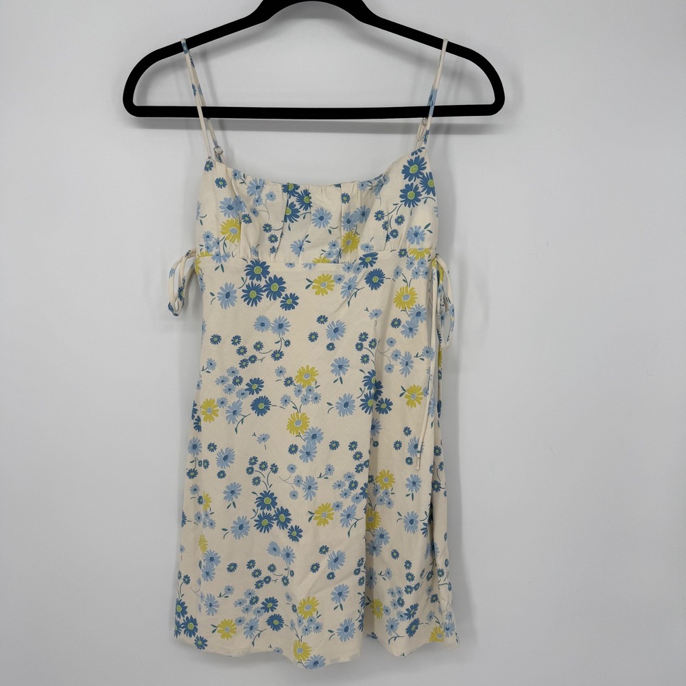 ZARA FLORAL LINEN BLEND MINI‎ DRESS IVORY BLUE YELLOW XS SIDE TIE